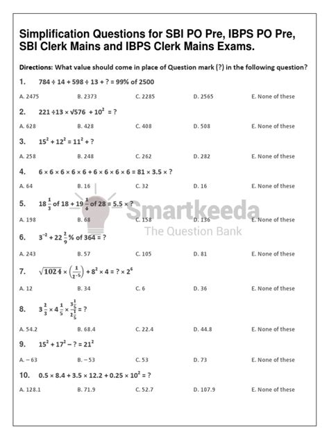 Download Simplification Questions PDF for SBI PO, IBPS PO.